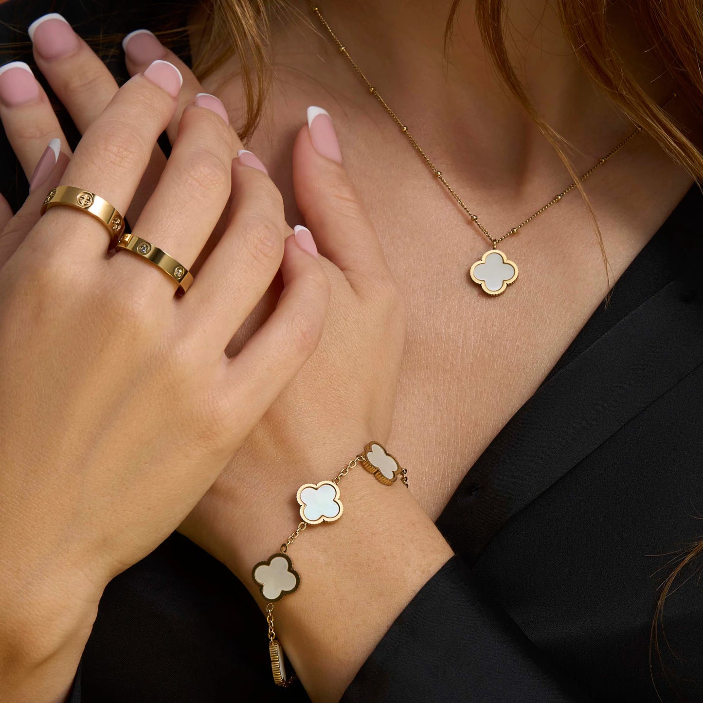 Kismat Clover Pearl Necklace + Bracelet 14k Gold Signature Set