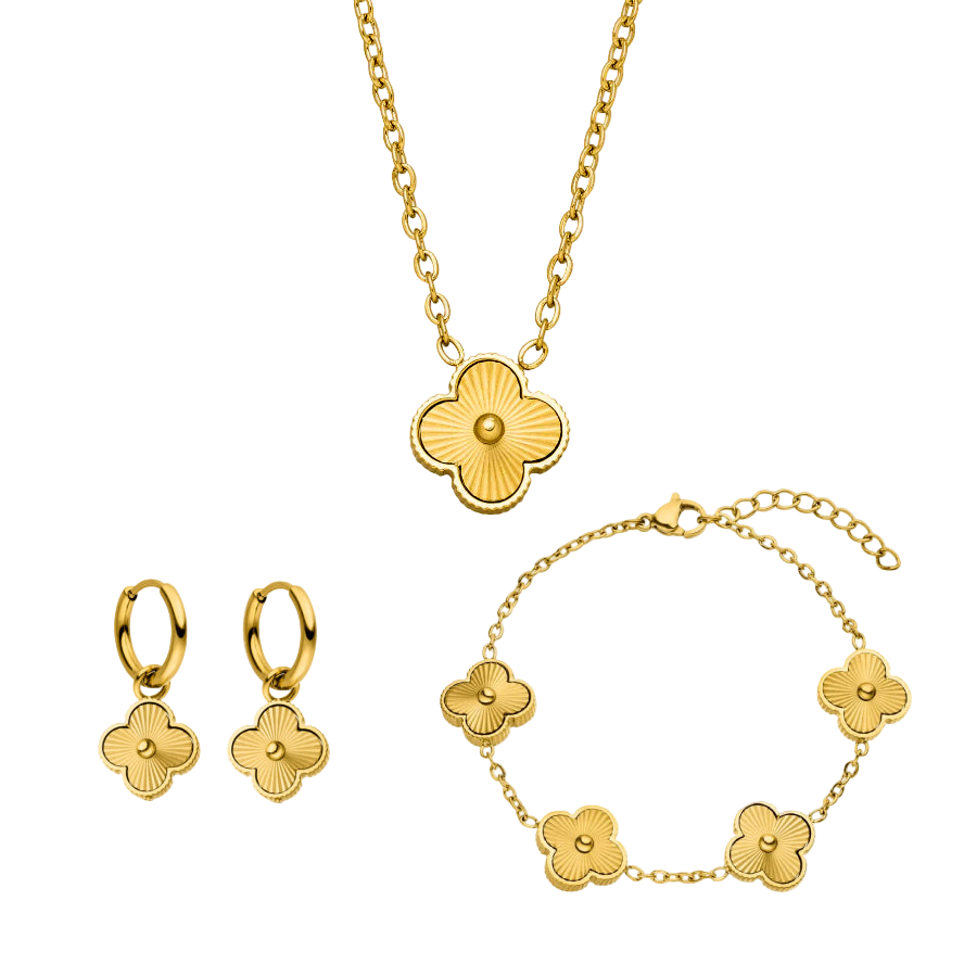 Kismat Clover Necklace + Bracelet + Earrings 14k Gold Signature Set