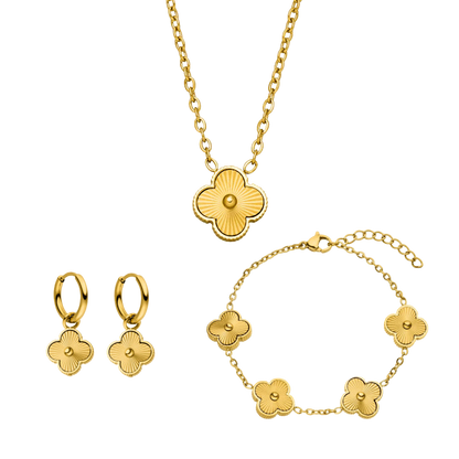 Kismat Clover Necklace + Bracelet + Earrings 14k Gold Signature Set