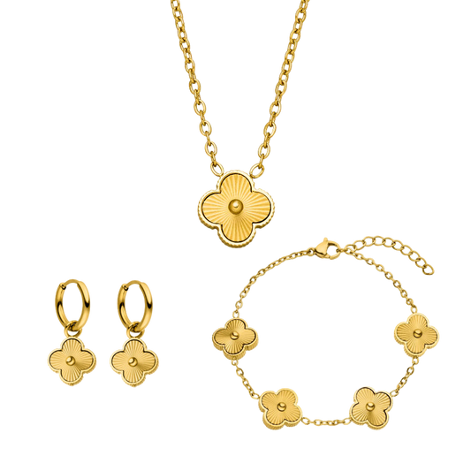 Kismat Clover Necklace + Bracelet + Earrings 14k Gold Signature Set
