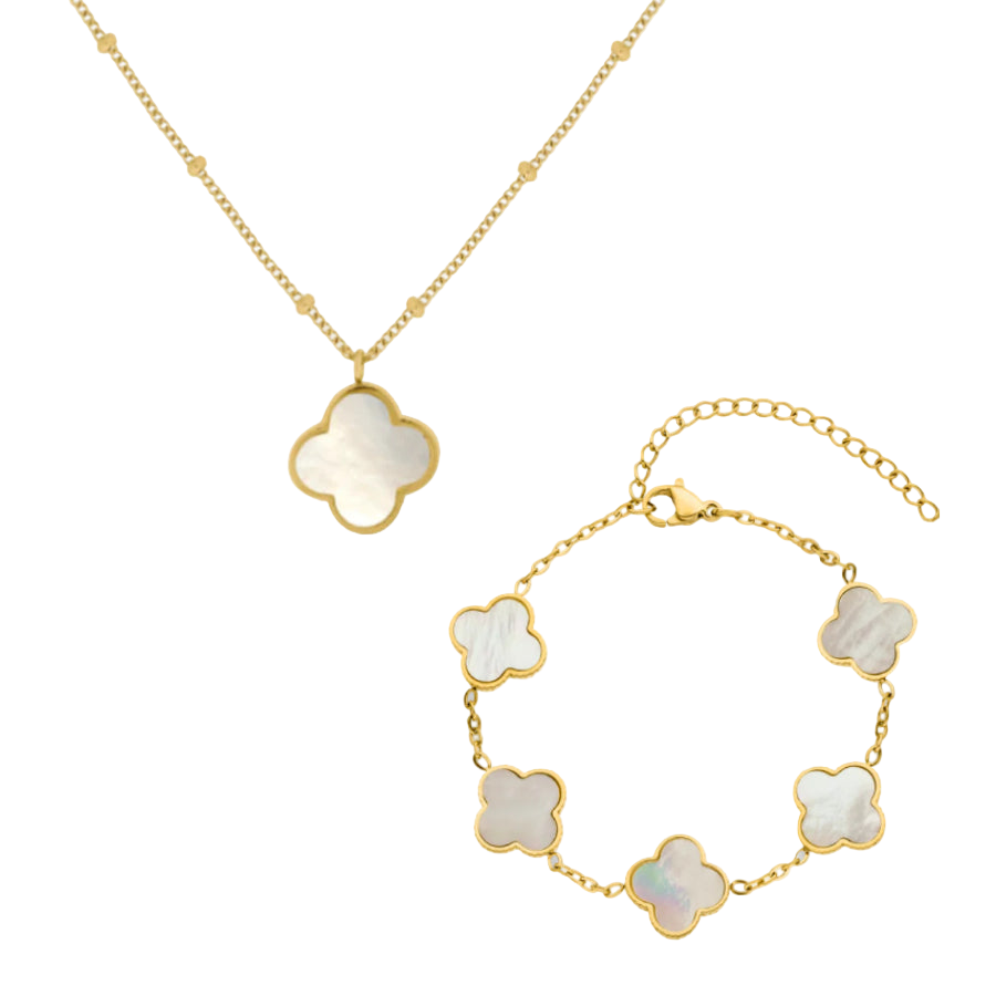 Kismat Clover Pearl Necklace + Bracelet 14k Gold Signature Set