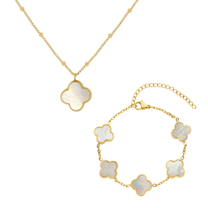 Kismat Clover Pearl Necklace + Bracelet 14k Gold Signature Set