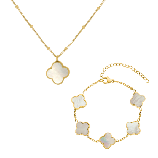 Kismat Clover Pearl Necklace + Bracelet 14k Gold Signature Set